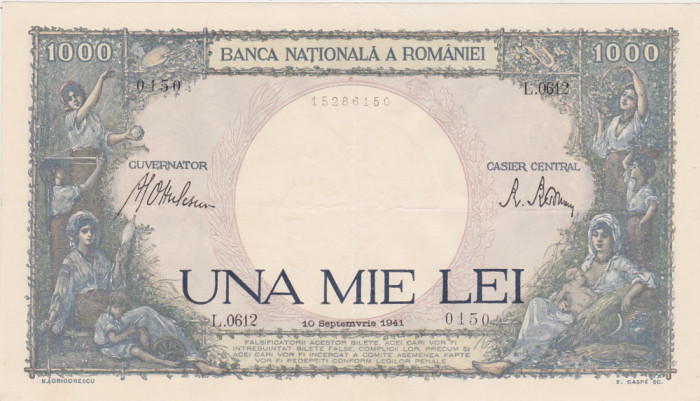 ROMANIA 1000 lei 1941 VF+