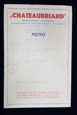 RESTAURANT - CONFISERIE &amp;#039; CHATEAUBRIAND &amp;#039; , MENU , 2 NOIEMBREIE 1930 foto