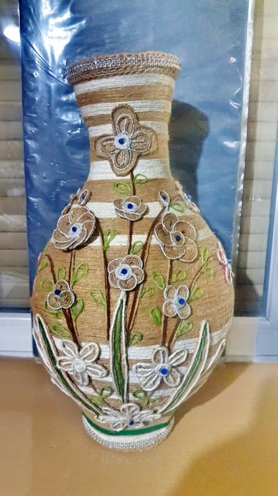 G111-Vaza mare rustica ornamentala decor cu model floral din impletitura de ata.