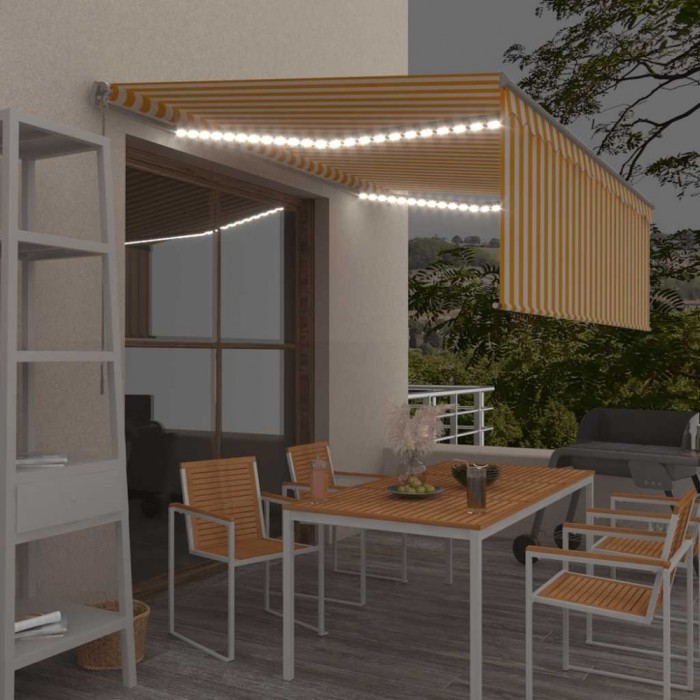 Copertină retractabilă manual cu stor&amp;LED, galben&amp;alb, 4,5x3 m