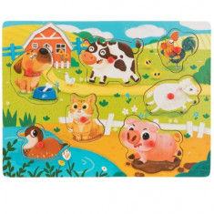 Puzzle incastru cu butoni din lemn Animale domestice-7 piese