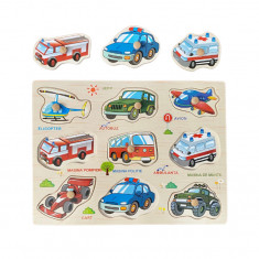 Puzzle educational, Onore, multicolor, lemn, 30 x 22.5 cm, vehicule denumire romana, 9 piese