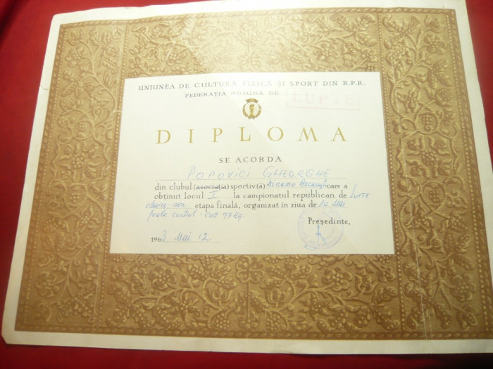 Diploma -Campion National Lupte Greco-Romane -G.Popovici Club Dinamo 1963 ,97kg