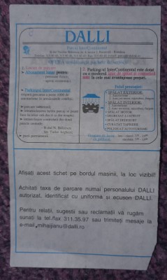 Pentru colectionari, un tichet de parcare Dalli (Bucuresti) din 2005 foto