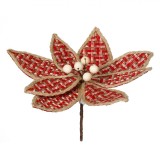 Floare Decorativă Crăciun Crăciuniță, 28cm, Culoare Roșu Bej, Material In, Mărgele Lemn, Oem