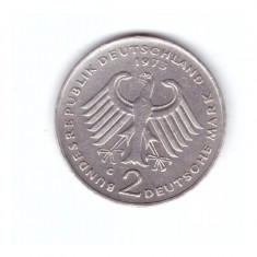 Moneda Germania 2 mark/marci 1973 G, Heuss, stare buna, curata