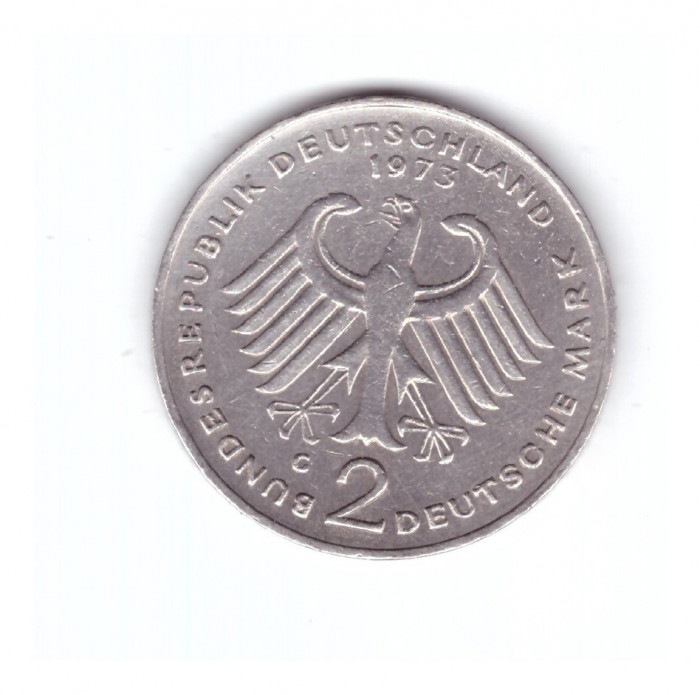 Moneda Germania 2 mark/marci 1973 G, Heuss, stare buna, curata