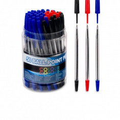 Set 50 de pixuri Ball Point, 30 albastre, 10 negre, 10 rosii