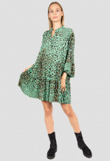 Rochie casual, verde cu volane si imprimeu animal print foto