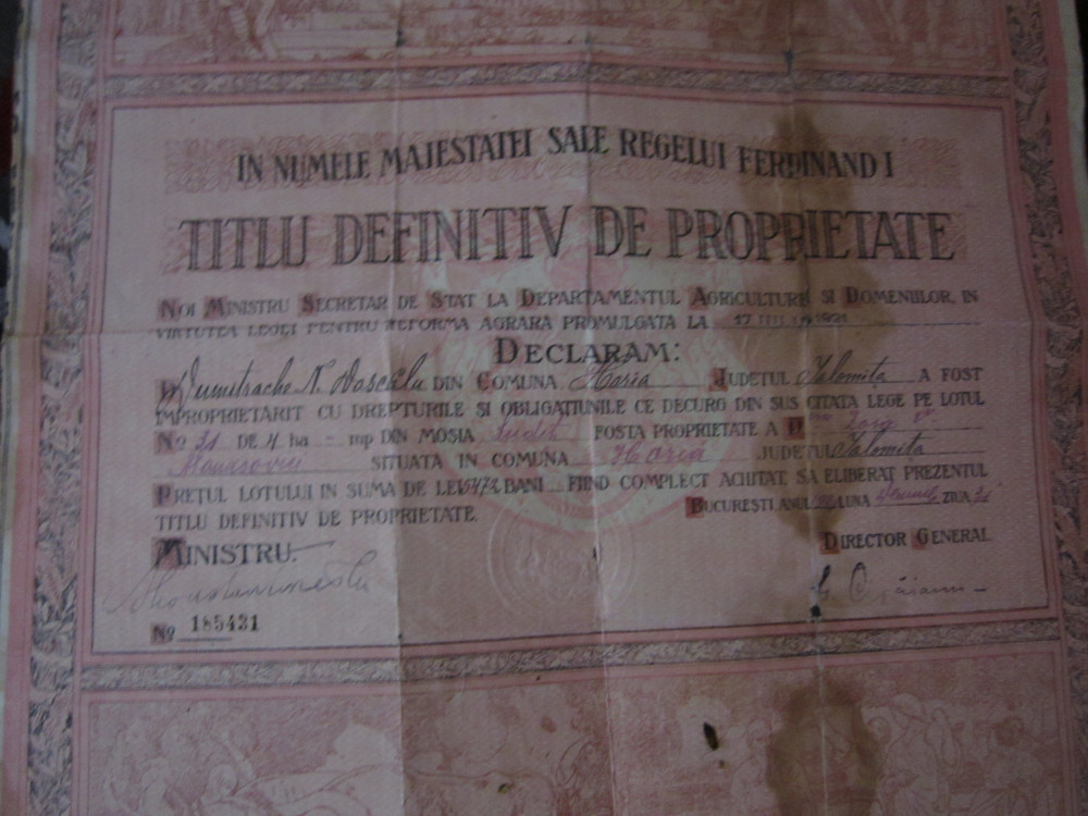 Titlu definitiv de proprietate an 1921 perioada ferdinand original boxa |  Okazii.ro