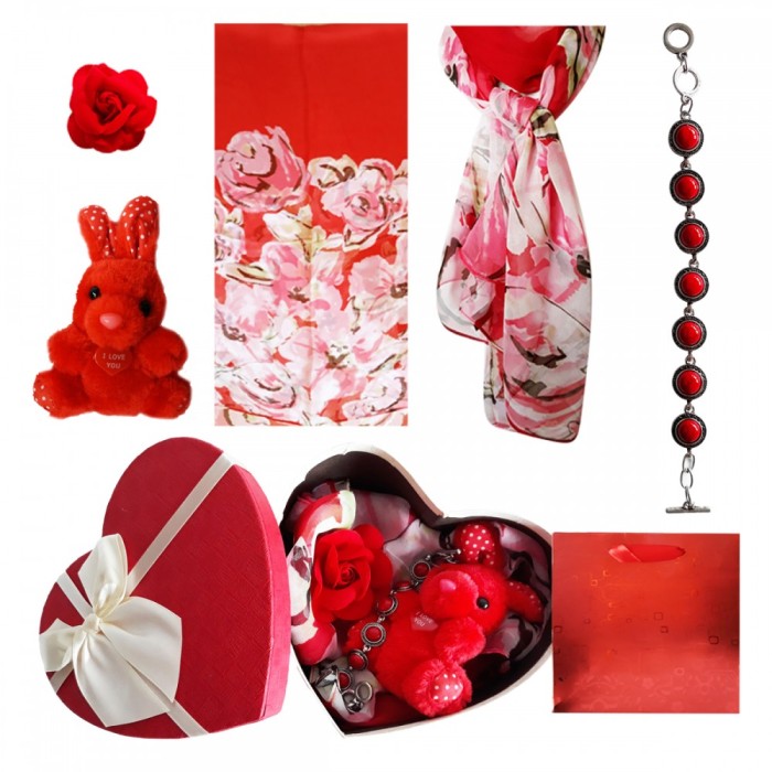Pachet cadou Valentine s Day bratara coral, brosa, esarfa si iepuras de plus Pachet cadou Valentine s Day bratara coral, brosa, esarfa si iepuras de plus