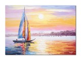 Cumpara ieftin Tablou rasarit de soare cu velier pictat manual, 70x50cm ulei pe panza in cutit efect 3D, Spectaculos