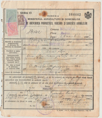 1945 Bilet fiscal adeverirea proprietatii vanzarii si sanatatii animalelor Rodna foto