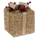 Cadou Decorativ de Crăciun, Model Tinsel, Culoare Bej, Dimensiuni 13x13x15 cm, Material Spumă, Panglică cu Glitter Argintiu, Conuri și Creangă de Pin, Oem