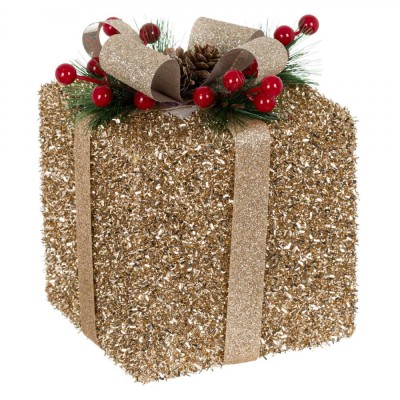 Cadou Decorativ de Crăciun, Model Tinsel, Culoare Bej, Dimensiuni 13x13x15 cm, Material Spumă, Panglică cu Glitter Argintiu, Conuri și Creangă de Pin foto