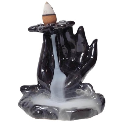 Fantana Lotus &amp;icirc;n M&amp;acirc;nă, suport de aromaterapie pentru conuri backflow parfumate, 9 cm negru foto