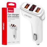 Incarcator auto AMiO 2x USB-A cu voltmetru incorporat 3.1A, alimentare 12-24V DC, carcasa alba, compact pentru priza auto