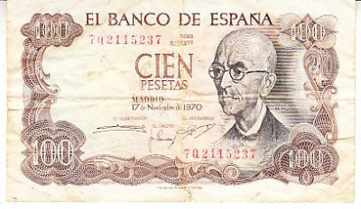 M1 - Bancnota foarte veche - Spania - 100 pesetas - 1970 foto