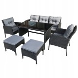 Set mobilier gradina/terasa, negru si gri, ratan sintetic, 1 masa, 2 scaune, 1 canapea, 2 tabureti, Salo, Chomik