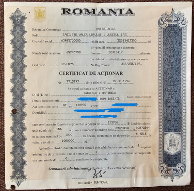 Certificat acționar: Antibiotice Iași foto