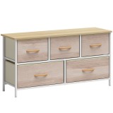 HOMCOM Comodă cu 5 Sertare din Material Textil Comodă pentru Dormitor Cadru Metalic Comodă pentru Living Birou Natural și Alb | Aosom Romania