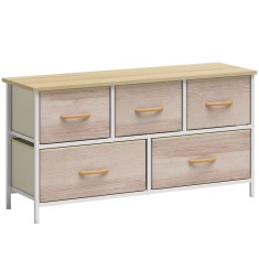 HOMCOM Comodă cu 5 Sertare din Material Textil Comodă pentru Dormitor Cadru Metalic Comodă pentru Living Birou Natural și Alb | Aosom Romania
