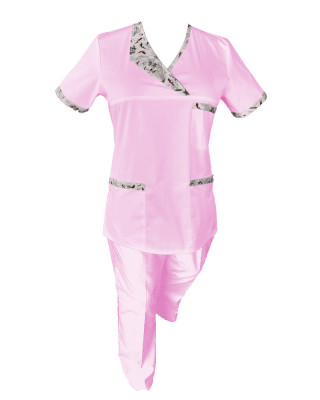 Costum Medical Pe Stil, Roz deschis cu Elastan Cu Paspoal si Garnitură Stil Japonez, Model Nicoleta - 3XL, 3XL foto