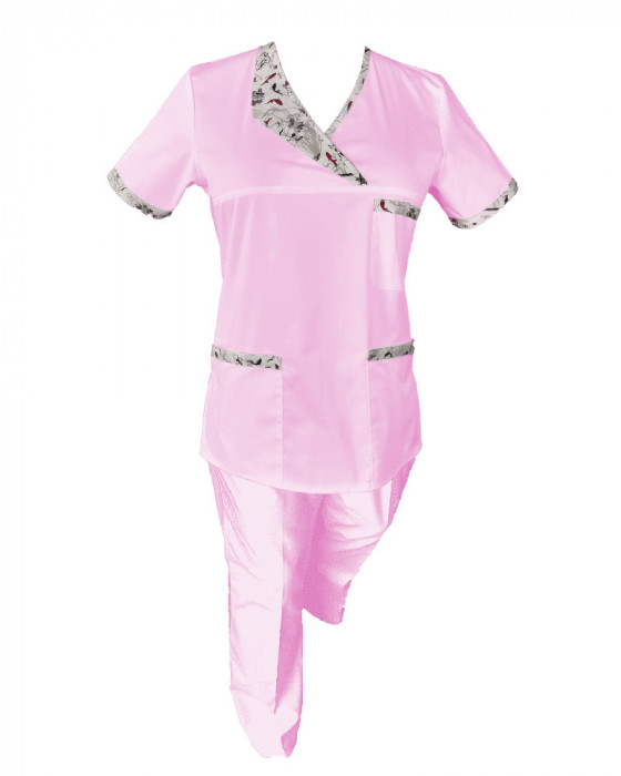Costum Medical Pe Stil, Roz deschis cu Elastan Cu Paspoal si Garnitură Stil Japonez, Model Nicoleta - 3XL, 3XL