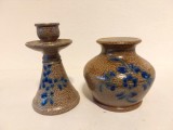 Set vaza si suport lumanare ceramica vintage Germania Echt Salzglasur, gresie, glazura de sare (Salt Glaze)