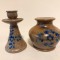Set vaza si suport lumanare ceramica vintage Germania Echt Salzglasur, gresie, glazura de sare (Salt Glaze)