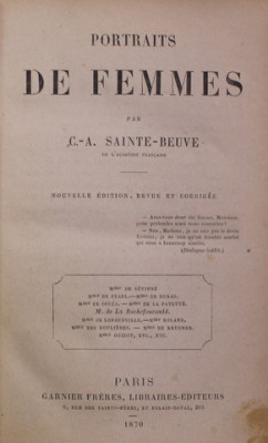 PORTRAITS DE FEMMES par C. - A. SAINTE - BEUVE , 1870 foto
