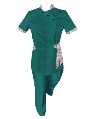 Costum Medical Pe Stil, Turcoaz Inchis cu Elastan cu Garnitură, Model Andreea - M, M foto