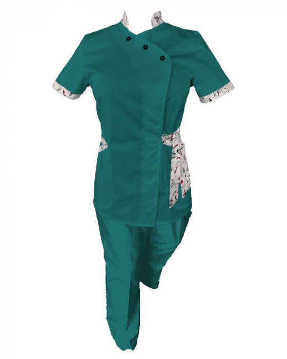 Costum Medical Pe Stil, Turcoaz Inchis cu Elastan cu Garnitură, Model Andreea - 3XL, S