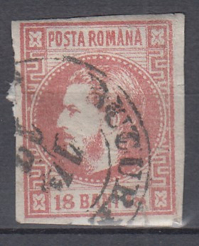 ROMANIA 1868 LP 24 CAROL I CU FAVORITI 18 BANI ROSU STAMPILAT POINCON R.ZOSCSAK foto