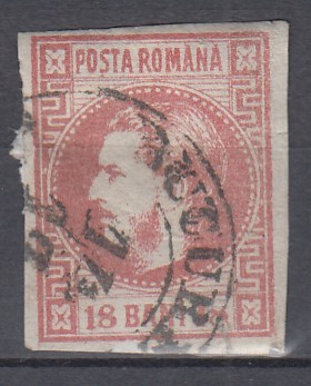 ROMANIA 1868 LP 24 CAROL I CU FAVORITI 18 BANI ROSU STAMPILAT POINCON R.ZOSCSAK