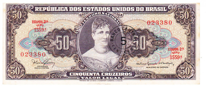 Brazilia 5 Centavos pe 50 Cruzeiros 1966-67 P-183b Seria 023380