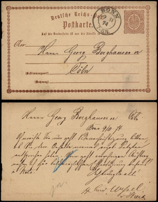 Germany 1874 Postal History Rare Postal stationery Bonn to Cologne D.288 foto