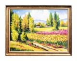 Cumpara ieftin Tablou inramat peisaj cu floarea soarelui pictat manual, Colt de rai, 70x50cm ulei pe panza, Constantin Feraru