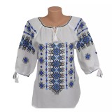 Cumpara ieftin Bluza Tip Ie Traditionala Alba cu Motiv Geometric Albastru de Dama - IMS70