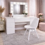 Masa de toaleta/machiaj, Antonia + scaun Mark, alb, cu oglinda si LED-uri, 155x42x135 cm