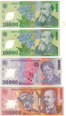 SV * Romania BNR * 2 Semnaturi x 10000 LEI 2000 si 50000 + 100000 LEI 2001 * UNC foto