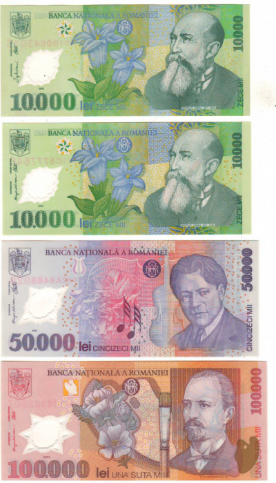 SV * Romania BNR * 2 Semnaturi x 10000 LEI 2000 si 50000 + 100000 LEI 2001 * UNC