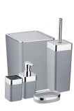 Set accesorii baie, 5 piese, dozator sapun, suport sapun si periuta dinti, perie WC, gri