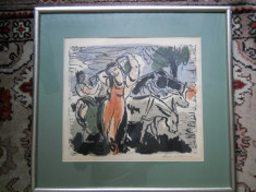 Lidia Mihaescu (1918 - ?) &amp;quot;Pe plaiuri dobrogene&amp;quot;,linogravura color,44,5x48cm foto