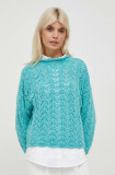 Cumpara ieftin United Colors of Benetton pulover din amestec de lana femei, culoarea verde, cu turtleneck