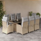 vidaXL Set de masă pentru grădină, 9 piese, cu perne, bej, poliratan 3213361