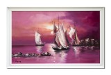 Cumpara ieftin Tablou pictat manual inramat, Apus de soare cu veliere, 110x70cm ulei pe panza, Geo Ungureanu