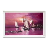 Tablou pictat manual inramat, Apus de soare cu veliere, 110x70cm ulei pe panza, Geo Ungureanu