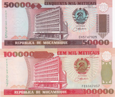 Mozambic 50 000 si 100 000 Meticais ( Set 2 bancnote) 1993 UNC foto
