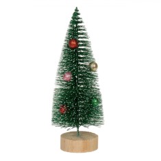 Brad Decorativ de Crăciun, Model Nins, &Icirc;nălțime 18 cm, Globuri Glitter, Verde, Bază Lemn